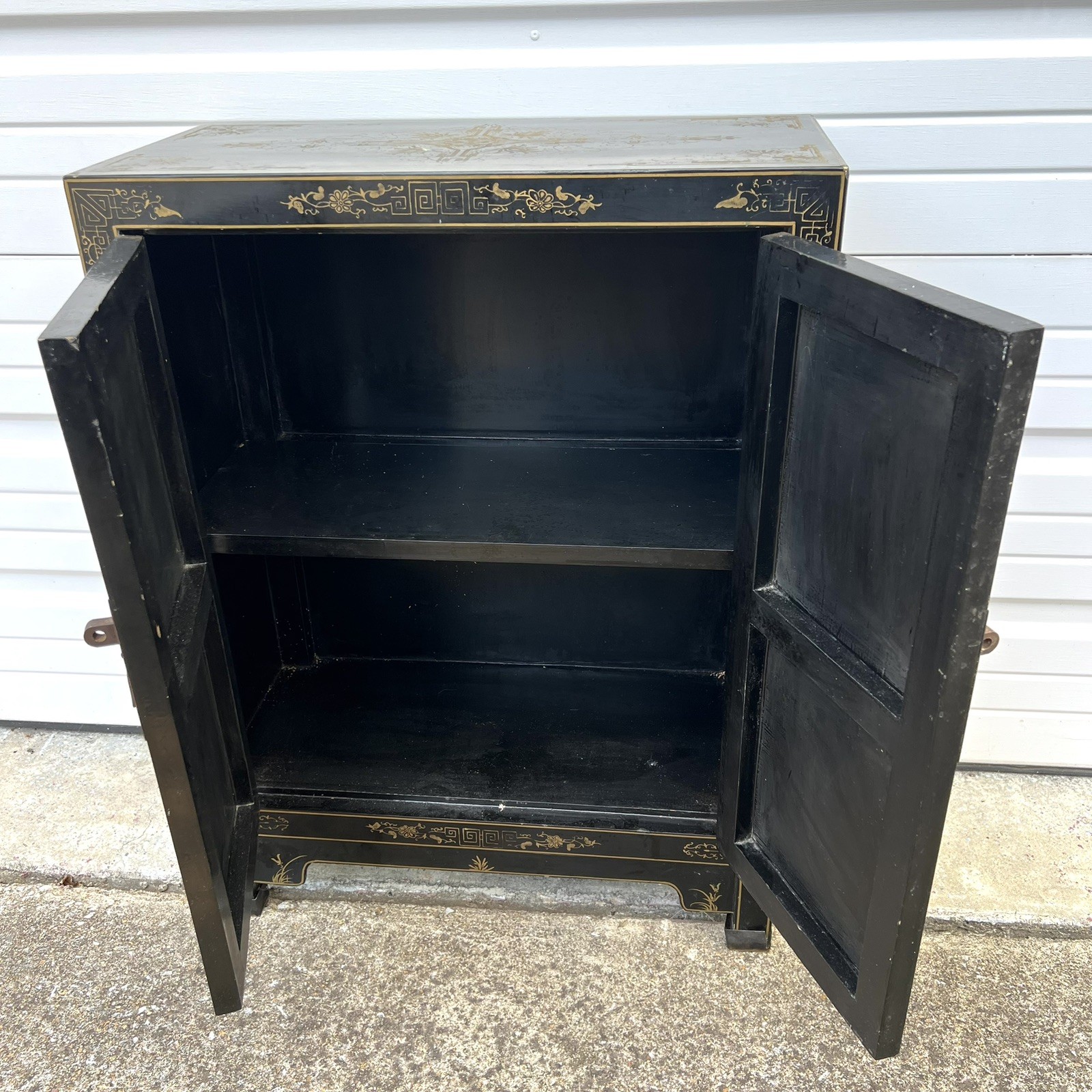 Chinese Black Lacquer Gold Hand Painted Cabinet Stone Relief Bird Flower MCM SEE