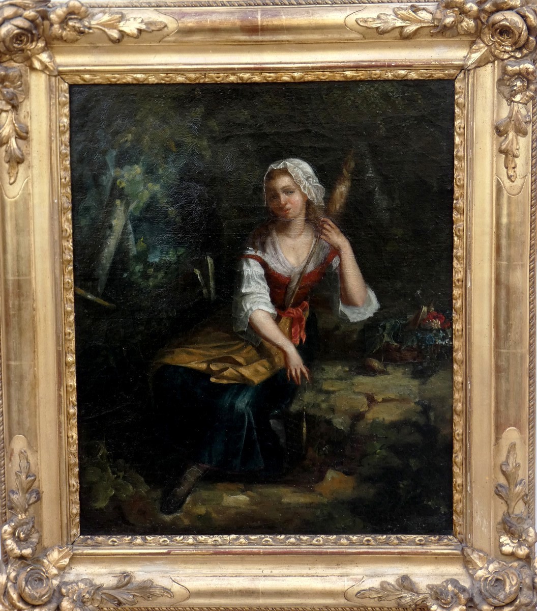 LARGE & BEAUTIFUL 19TH CENTURY CANVAS - A YOUNG SPINNER IN THE FOREST WITH A BASKET OF FLOWERS