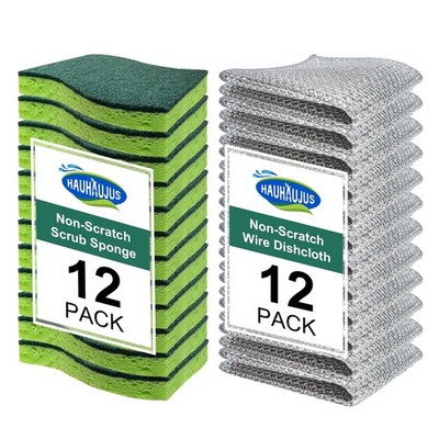 Non Scratch Scrub Sponge and Wire Dishwashing Rag Combo, 12+12 Pack, Dish Spo...