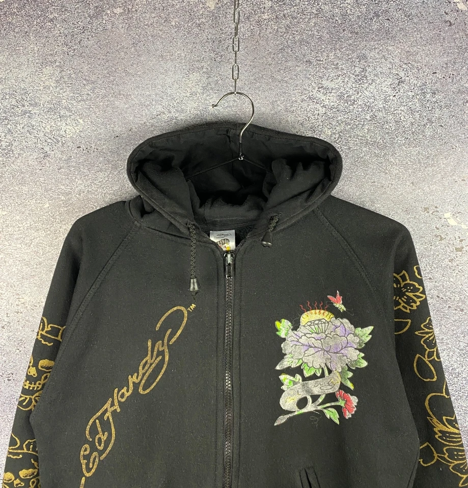 Sudadera con capucha vintage Y2K Ed Hardy negra con cremallera para mujer talla M Foto 3 de 4
