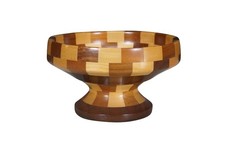 Vintage Segmented Turned Wood Parquetry Fruit Centerpiece Pedestal Bowl 9"