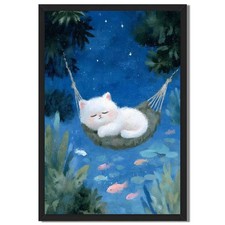 Cute Cat Hammock Night Sky Framed Canvas Print Wall Art