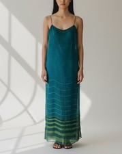 Vintage Georgiou Studios Women’s Silk Slip Maxi Dress Beaded Teal Green Y2K 90s