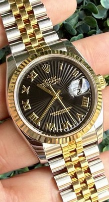 2005 Rolex Datejust 36mm Two Tone 18k 116233 Jubilee Black Roman Fluted Watch