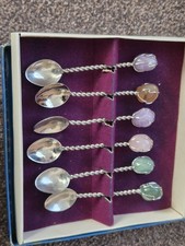 Vintage Brasil Sylmar set  6 Silver plate spoons gemstones in handle Sorvete Mod