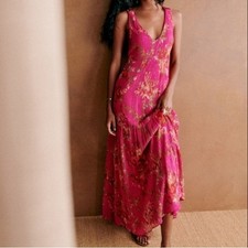 Sezane Robe Titania Dress Women 6 Pink Helena Fushia Floral Silk Blend Maxi NEW