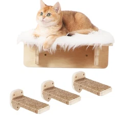 Cat Wall Shelves with Scratch Post & Bed, Indoor Cat Hammock, 3-Step Climbing...
