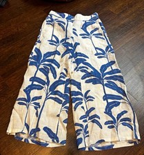 Tahari Women's Blue/White Floral Linen Wide-Leg Pants Elastic Waist Size M