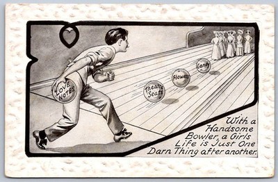 K44/ Interesting Postcard c1910 Bowling Comic Alley Fantasy Women Pins 122