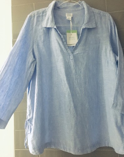 SIGRID OLSEN 100% Linen Loose Long Sleeve Aqua Blue Summer Tunic Shirt L new