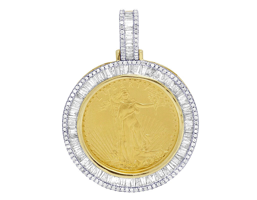 10K Yellow Gold Real Diamond Baguette Liberty Coin Pendant 1.5