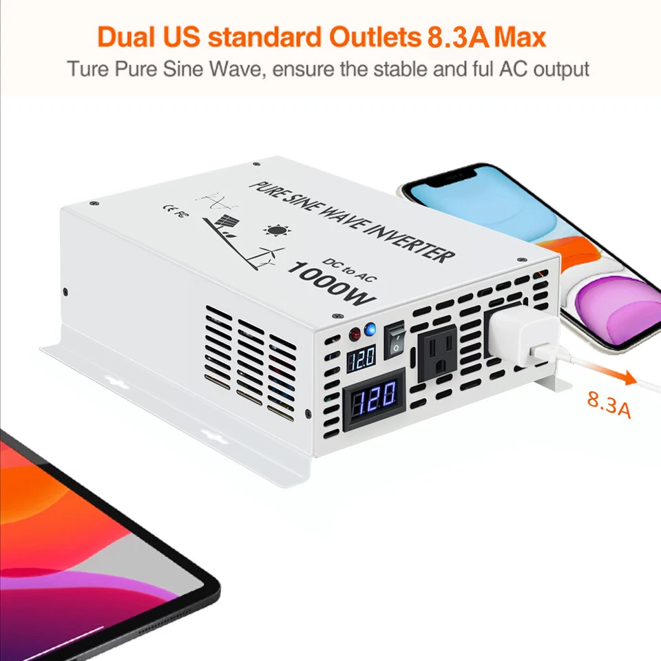 Pure Sine Wave inverter 1000W 12V DC to 120/220/240V AC Car/Home Solar Power - Image 2 of 4