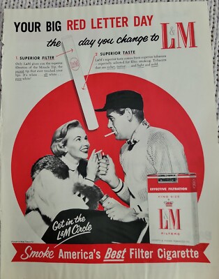 1956 L&M Cigarettes man woman skiis smoking  vintage ad
