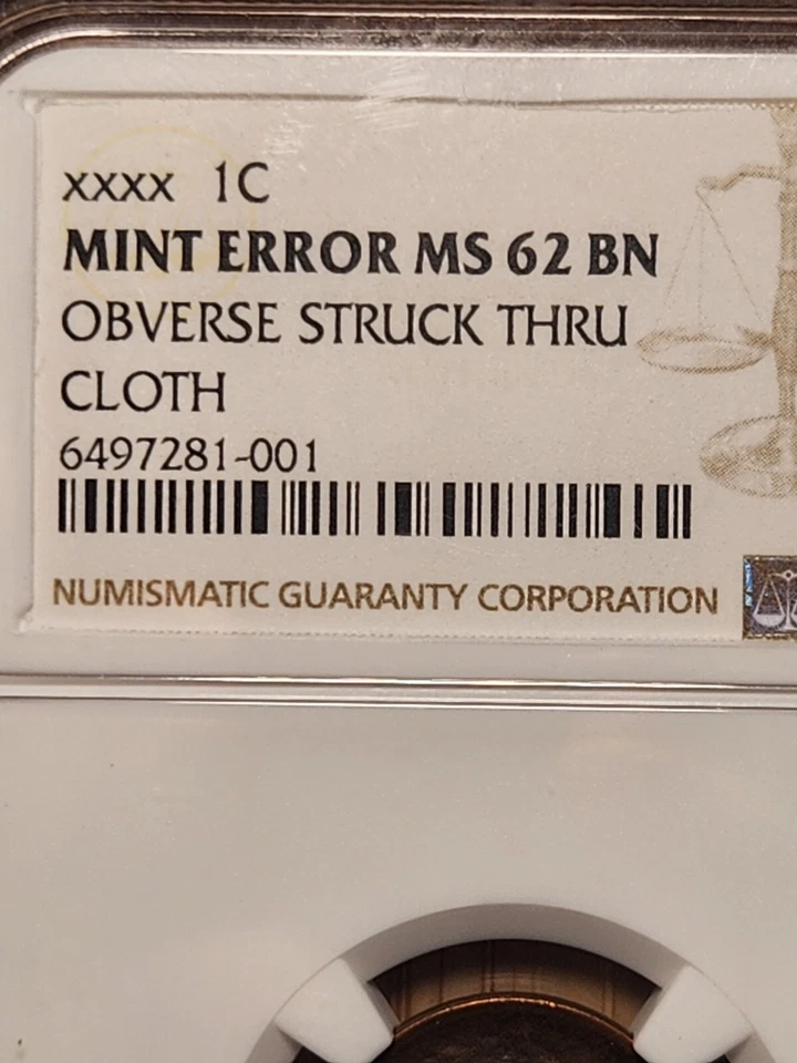 1 Of A Kind Obverse Struck Thru Cloth Mint Error 1 Cent NGC MS 62 BN NO MINTMARK - Image 3 of 4