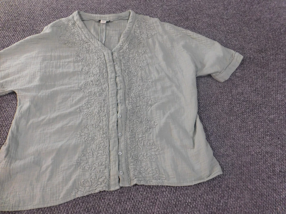 Coldwater Creek Top Grande Verde Bordado Geométrico Mujer Floral Botón Foto 2 de 4