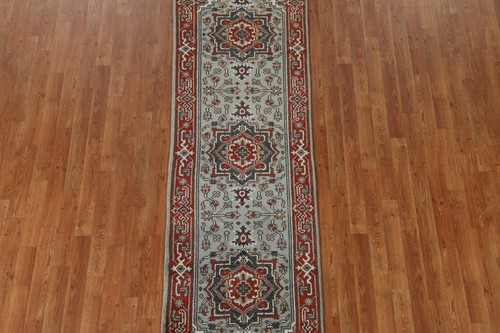 Light Blue Geometric Heriz 8 ft. Runner Hand-knotted Indian Rug 8' 2" x 2' 5" - Picture 4 of 12