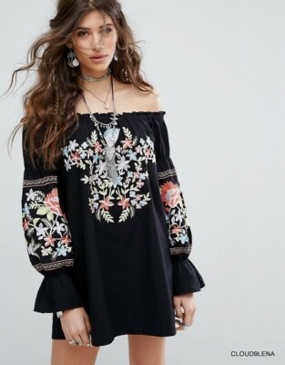 FREE PEOPLE sz XS Fleur De Jour Cotton Embroidered Off-Shoulder Dress BLACK New | eBay FREE PEOPLE sz XS Fleur De Jour Cotton Embroidered Off-Shoulder Dress BLACK New | eBay