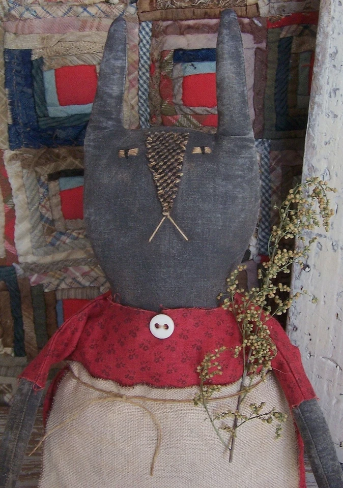Primitive Black Rabbit Doll Red Dress, Grungy Rustic Bunny Decor - ARTISAN MADE - Image 2 of 4