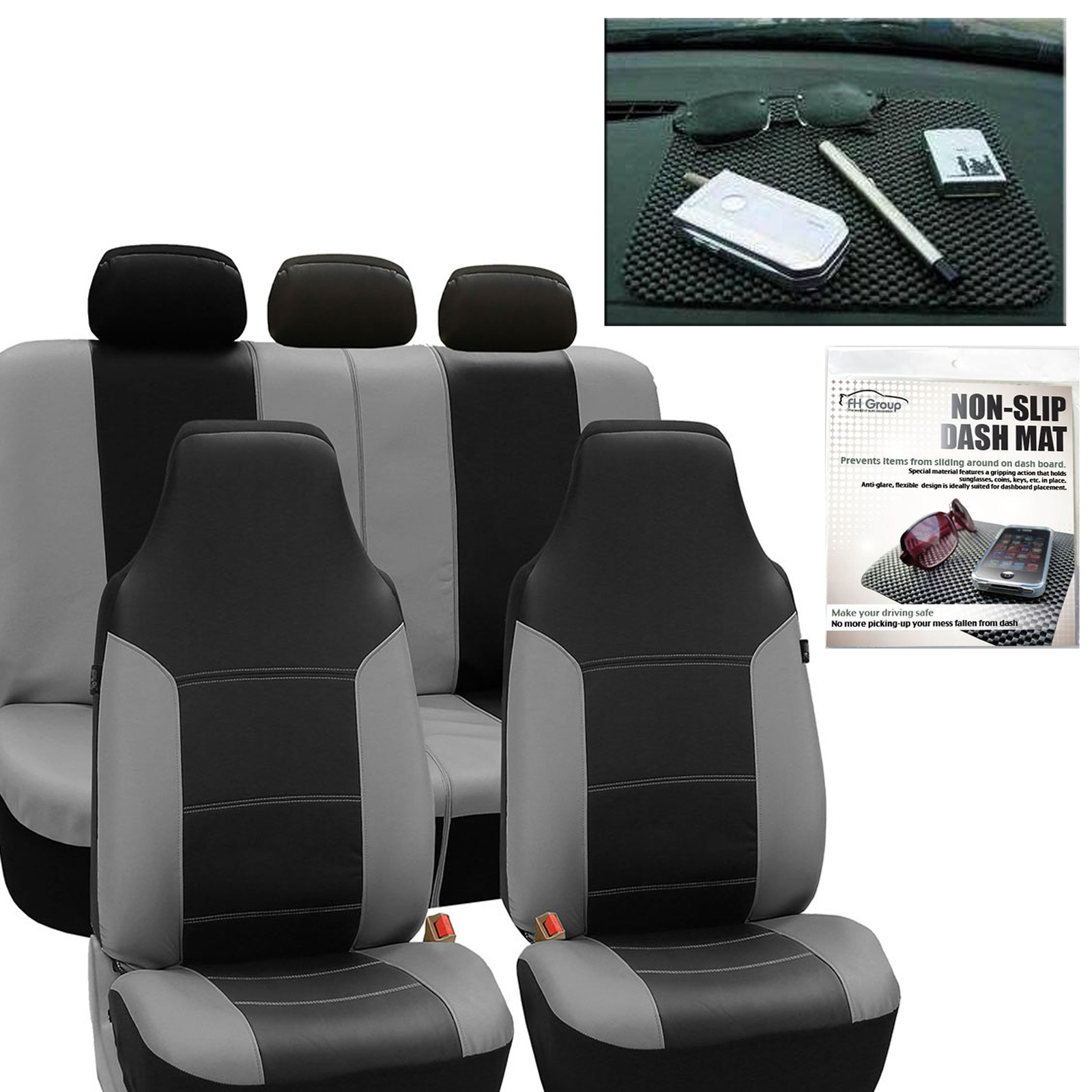 PU Leather Car Seat Covers Classic  Set Gray Black Free Gift Dash Grip Pad