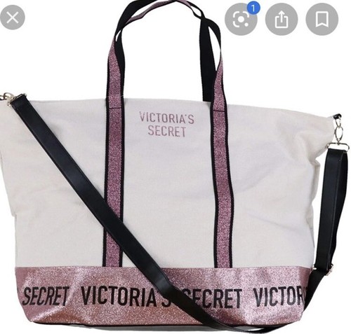 Victoria Secret Beach Tote Bag Pool Weekender Fringe Pink White Stripe - Picture 2 of 7
