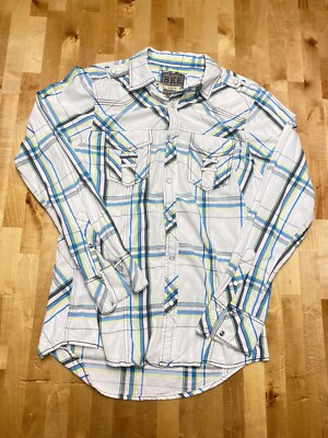 BKE Men's Pearl Snap Up Long Sleeve Slim Fit Plaid Western Shirt White  M