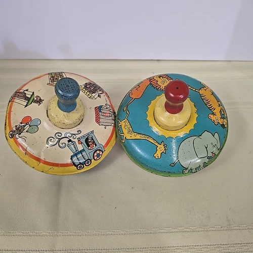 Vintage 1960's Ohio Art Spinning Tops with Wood Handles Litho Tin Toy Circus
