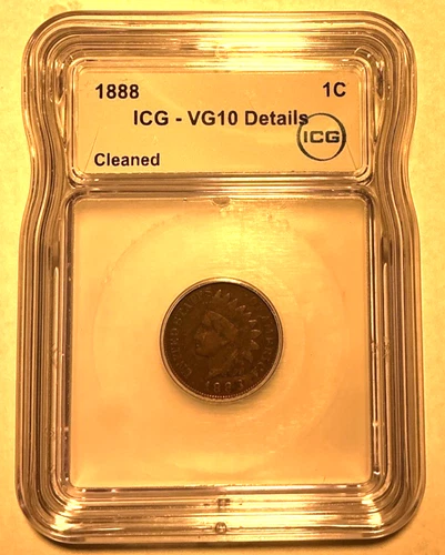 1888 U.S. Indian Head Cent Penny Graded ICG VG10 Cleaned