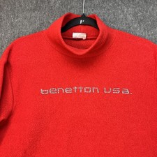 Benetton USA Sweater Womens Medium Red Fleece Turtleneck Logo Pullover Pockets