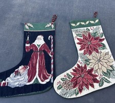 Vintage Tapestry Christmas Stockings Noel Santa Poinsettia set of 2