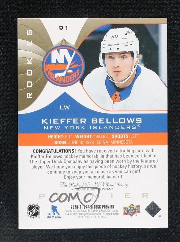 2020-21 Upper Deck Premier Rookies /49 Kieffer Bellows #91 Rookie Patch RC - Image 2 of 2