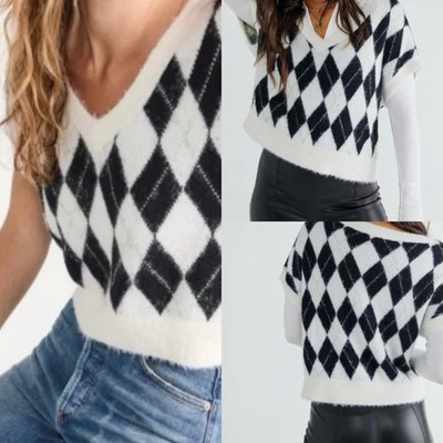 Free People Sweater Women's XS Through The Motions Argyle Vest Cropped Boxy