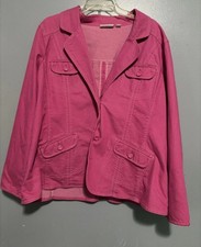 Women's Pink Button Front Collared Jacket Flap Pockets Long Sleeve