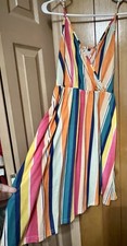 WOMENS MULTICOLOR STRIPED V-NECK SPAGHETTI STRAP SHORT DRESS SZ M