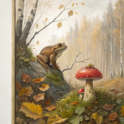 Frosch sitzt auf Pilz Wand Wald Cottagecore niedlich skurril Natur Folia