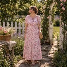 NWT Nine West Floral Maxi Dress Plus Size 0X Pink Puff Sleeve Cottagecore Boho
