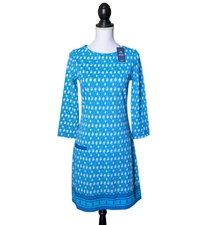 Cabana Life UPF 50+ Palm Valley Shift Dress New Blue White Size Small 3/4 Sleeve