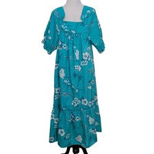 Vintage Hawaiian Floral Midi Dress Womens Size Medium Blue Teal USA Made Tamare