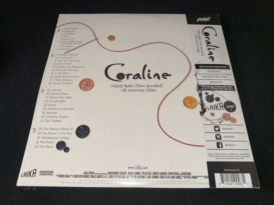 Coraline Soundtrack 15th Anniversary MONDO Black Button Disc 2LP 12" Vinyl NEW - Image 4 of 4