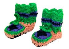Vintage C1960s Hand Crocheted Handmade Tribal Suede Sole Baby Booties,Baby Shoes