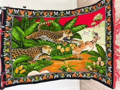 Großer Vintage Bettüberwurf Wanddeko hängend Stoff dünner Wandteppich Stil Tigerjagd
