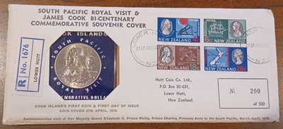 1970 Cook Islands $1 Coin FDC James Cook Bicentenary Royal Visit, Hutt #200/500