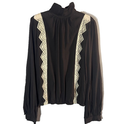 DOLCE & GABBANA vintage silk top brown cream lace high neckline Italy 40