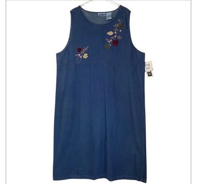 Erika II Denim Dress 3X Plus Size Embroidered Floral Sleeveless Casual Shift