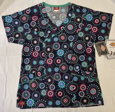 Dickies Scrub top V-Neck Multi Color Circle Pattern Women' Small Brand New