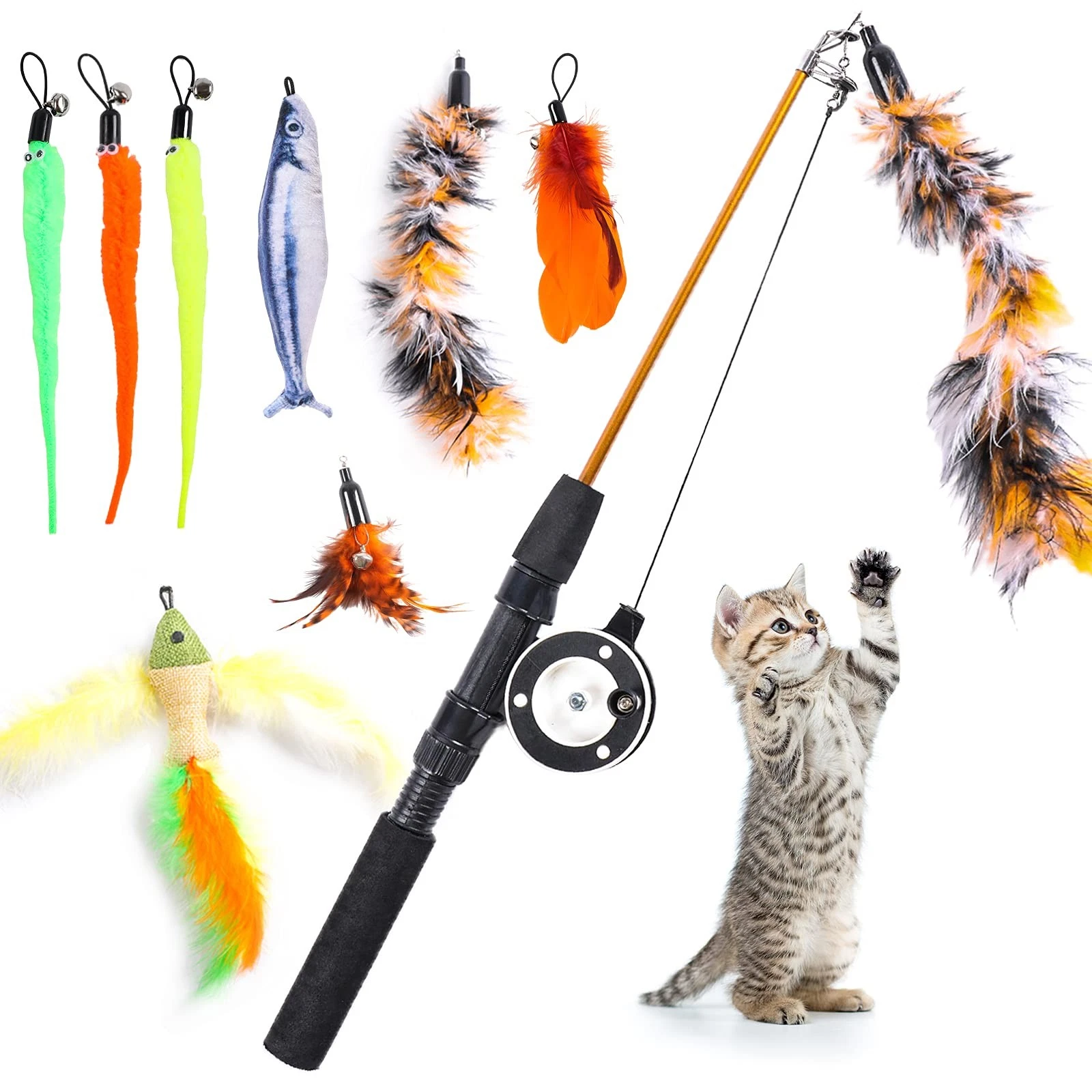 9 PCS Cat Fishing Pole Toy Set – Interactive Feather Teasers with Catnip