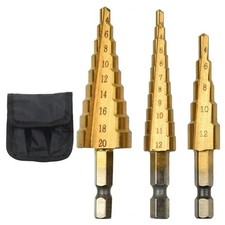 3PCS HSS Step Drill Bit Large Cone Titanium Bit Set Metal Hole Cutter+Pouch Kit