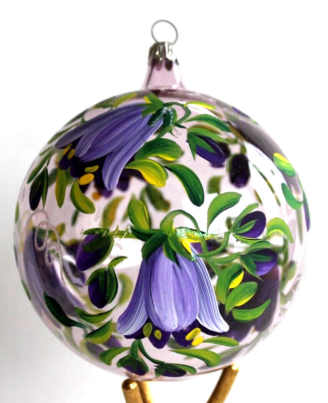Hand Painted Glass Floral Ornament, 3 5/8-inch globe w/ 6 Purple Flowers