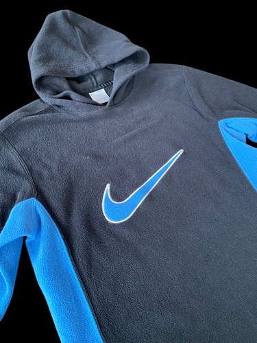 Y2K Nike Big Swoosh Hooded Pullover Fleece Black Blue Sz Youth M 10-12 | Wmns XS - Picture 3 of 10