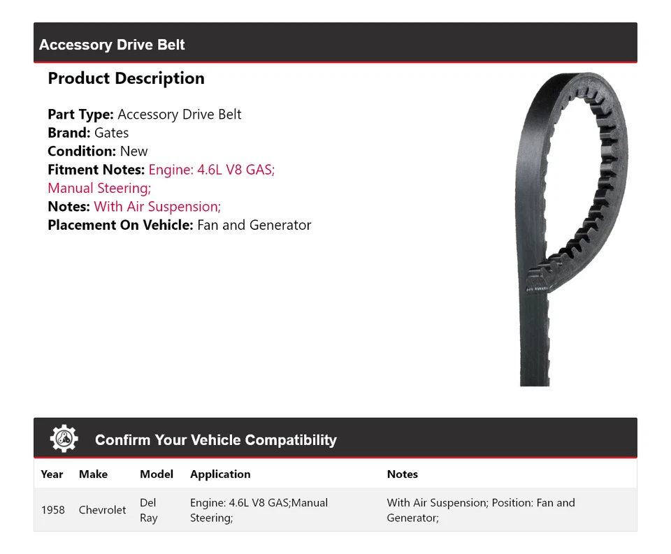 Ремень привода для вентилятора и ворот генератора 1958 Chevrolet Del Ray 4,6 л V8 GAS - Изображение 2 из 4