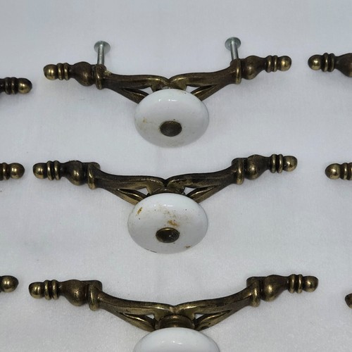LOT OF 13 VTG CURVED BRASS DRAWER PULLS HANDLES W/CERAMIC KNOBS NATIONAL LOCK - Picture 3 of 7